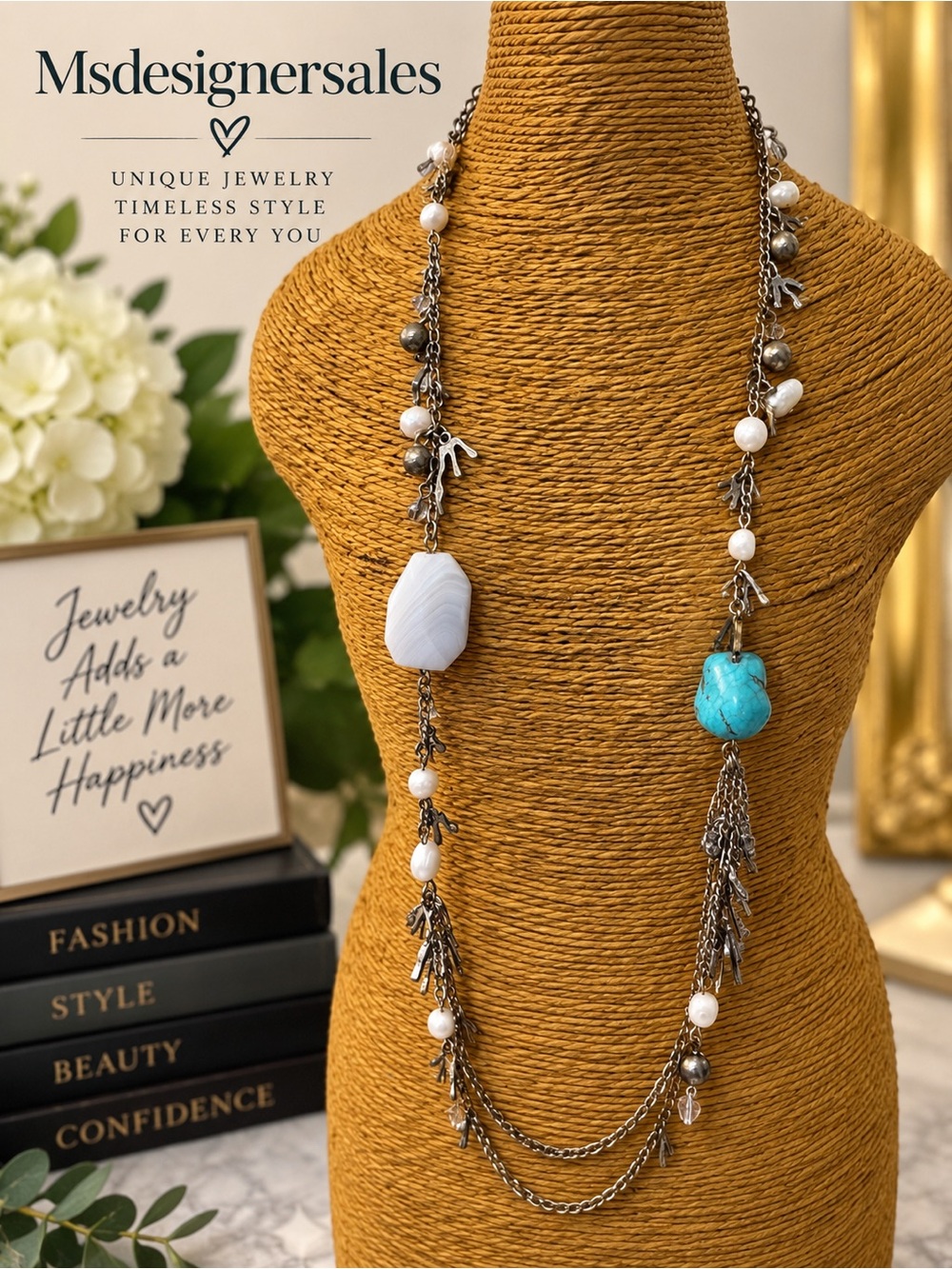 Long Multi-Strand Pendant Necklace - Turquoise & White
